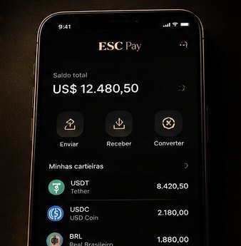Aplicativo ESC Pay com saldo total em dólar e carteiras USDT, USDC e BRL