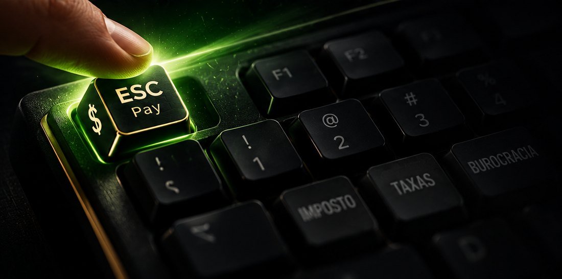 Dedo pressionando a tecla ESC Pay, acesa em verde
